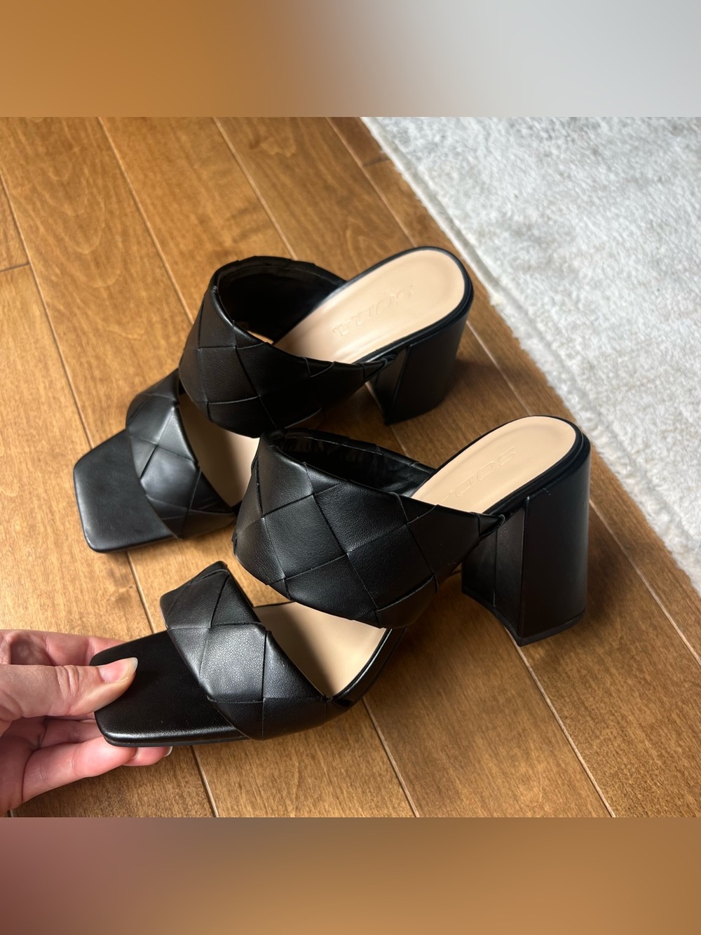 Soda Black Woven Block Heel Slide Sandals